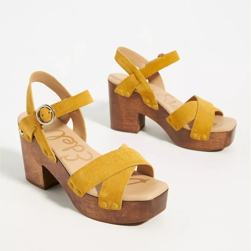 Sam Edelman MUSTARD YELLOW Women's Josefine Wood-Grain Platform Sandal US 9.5